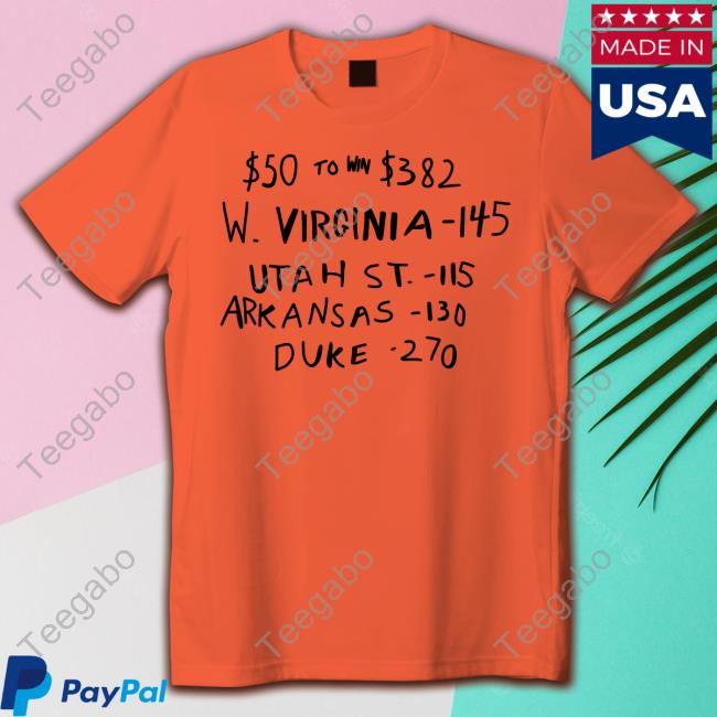 Br Betting $50 To Win $382 W. Virginia -145 Utah St.- 115 Arkansas-110 Duke -270 Shirt